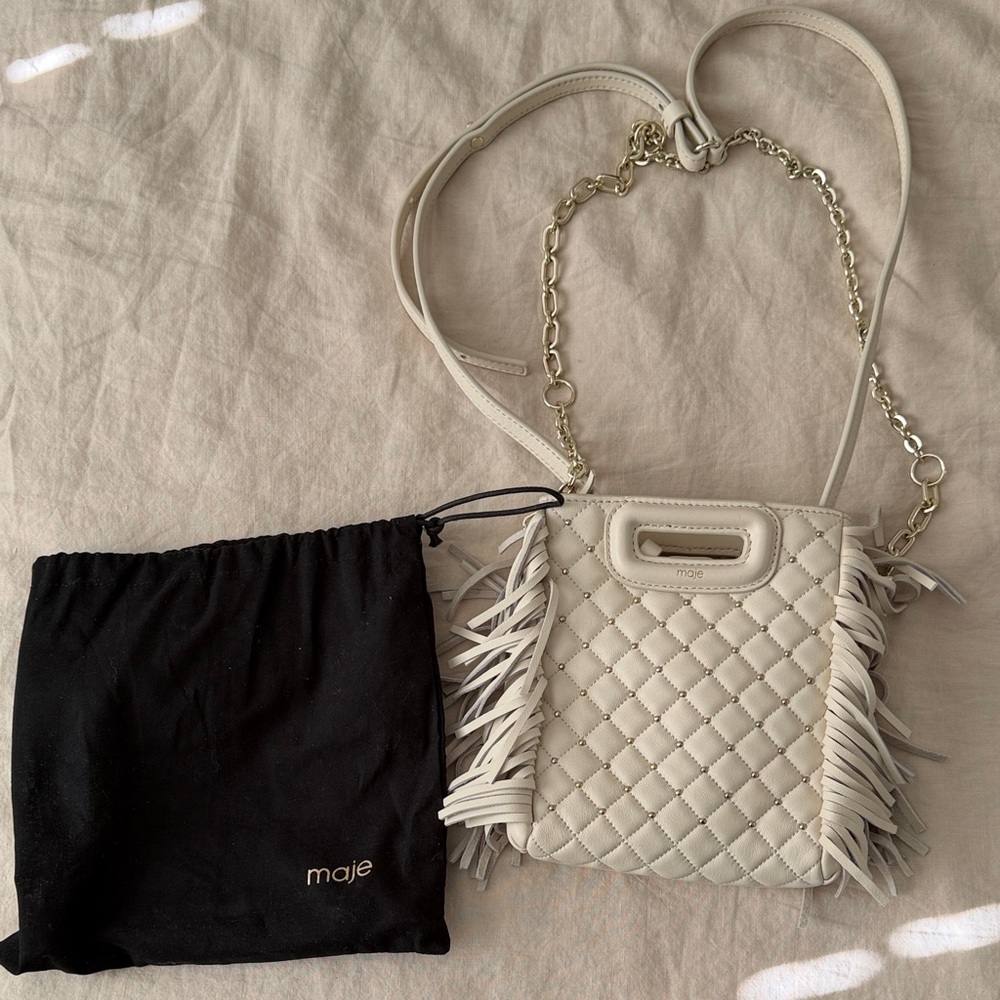 Maje Cream Quilted Fringe Crossbody Bag